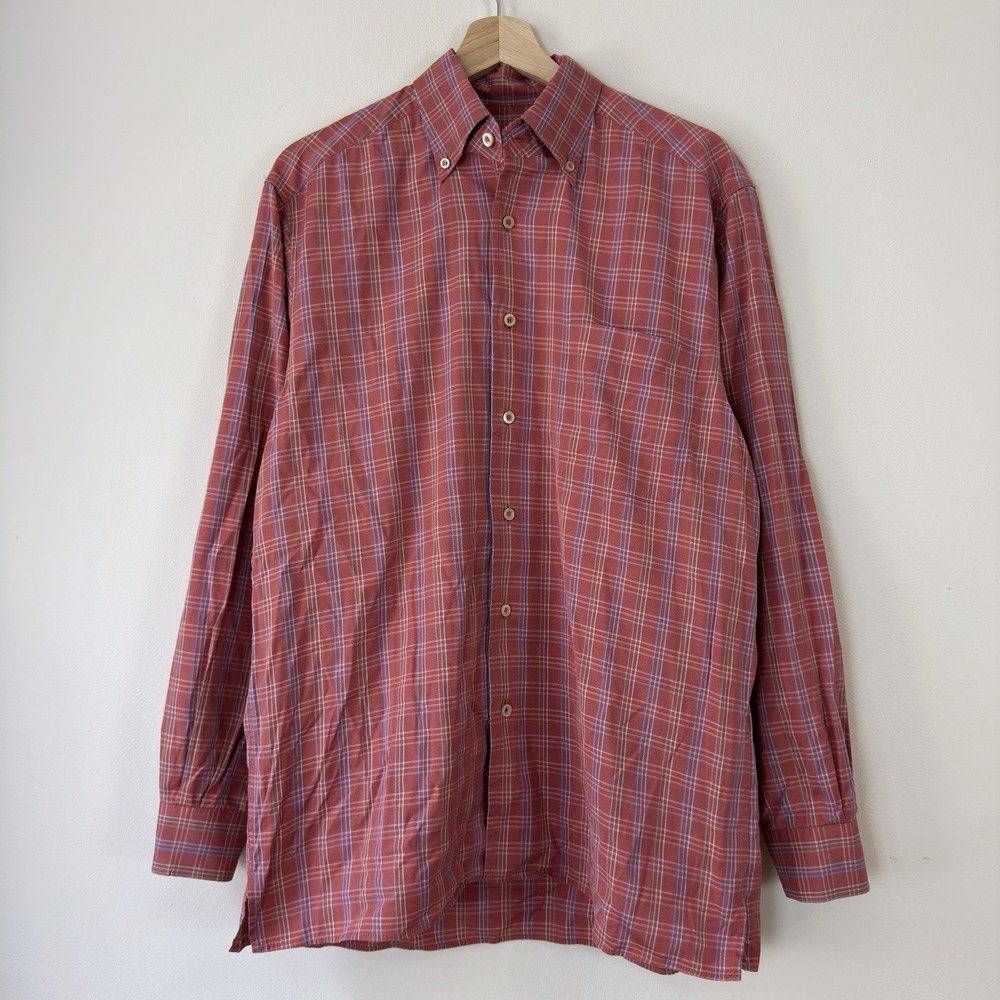 Ermenegildo Zegna Made In Italy Red Plaid Button Up Polo Dress Shirt - Medium